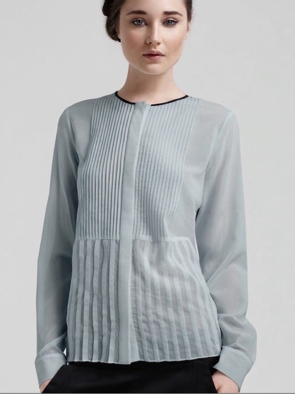 Theory Zirnana Silk Sheer Pleated Light Blue Grey Button Up Blouse